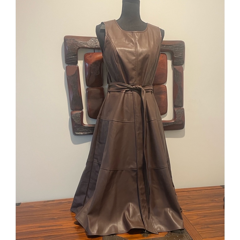 Chic Faux Leather Sleeveless Brown Midi Dress